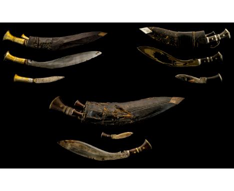 Gurkha Kukri knife, 12 Inch Shaped Steel Blade With Horn Handle, Steel Tipped Black Leather Scabbard With Two Smaller Knives 