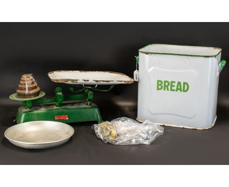 Vintage Enamel Bread Bin.  Metal bin in white with green trim, also includes a set of vintage Harper Kitchen Scales in green,
