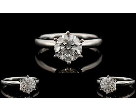 Ladies Superb 14ct White Gold Single Stone Diamond Ring, Contemporary Design. The Round Modern Brilliant Cut Diamond of Excel