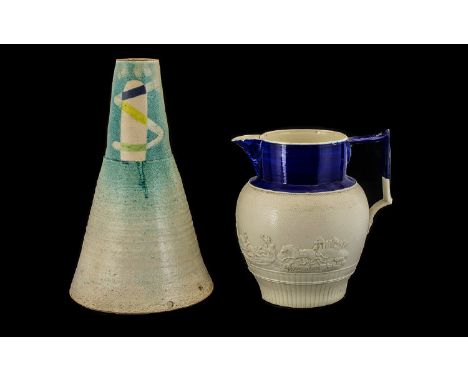 Janet Leach Conical Shape Studio Pottery Vase, the lower portion, with broad, circular, base, rising in the manner of a coil 