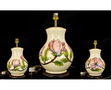 Moorcroft - Globular Shaped Large Tubelined Lamp Base ' Pink Magnolia ' on Cream Ground. Stands on a Circular Stepped Loaded 