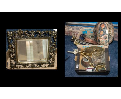 Large Quantity of Brass Ware to include kettle, large charger, fireplace accessories, scales, a small bevelled mirror with an