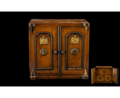 Early 20thC Novelty Oak Tea Caddy In The Form Of A Two Door Safe, The Interior With 1 Long Over Two Short Drawers, Stamped Wi