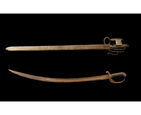 Display Purpose Only, Basket Hilted Broadsword, Leather Grip, Wide Cutting Blade, Spear Point. Together With An Indian Army C