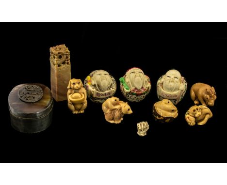 Small Mixed Lot of Oriental Items to include three globular shaped figures, a netsuke style serpent figure and a clenched fis