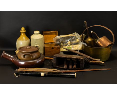 Large Crate Containing A Quantity Of Items To Include A Brass Jam Pan, Wooden Cow Bell, Scales, Stone Bottles, etc A/F.