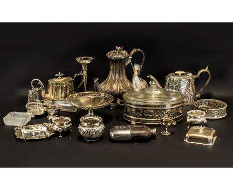 A Collection of Assorted Silver Plated Ware to include teapot, water jug, a Grants Special Whisky hip flask, serving dishes, 