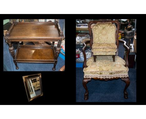 Small Collection of Vintage Furniture to include an oak drinks trolley with a lower shelf, on casters; a chair with wooden ar