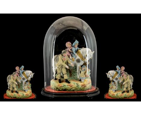 German Late 19th Century Superb Quality Heubach Bisque Figure Group under a Victorian period large glass dome and stand. The 