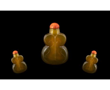 Antique Chinese Hardstone Agate Snuff Bottle, Stylised Double Gourd Form With Scroll Engraving, Orange/Red Agate Stopper. Hei