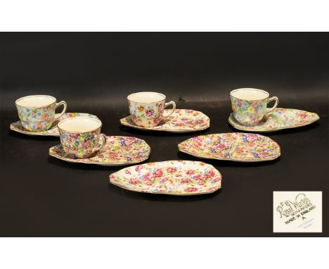 A Set of Four Royal Winton Grimwades Chintz Tea Cup and Tennis Tray Sets. Comprising Victorian Rose, Marion x2, and Sunshine.