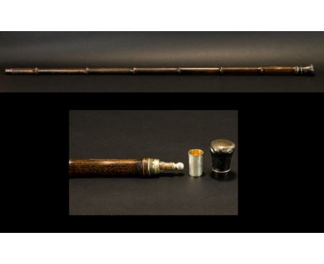 Victorian Bamboo Novelty Walking Cane, Silver Screw To Handle Opens To Reveal  A Fixed Glass Flask/Tube With Silver Topped Co