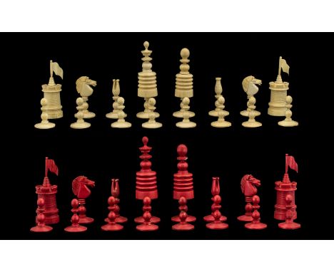 19thC Stained Bone Barleycorn Chess Set, Barleycorn style chess set: one side left natural the other side stained red, the ro