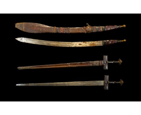 African Nigerian Sword (Takouba) 28 Inch Curved Blade, Leather Scabbard And Grip. c1880. Together With An African Tuareg Swor
