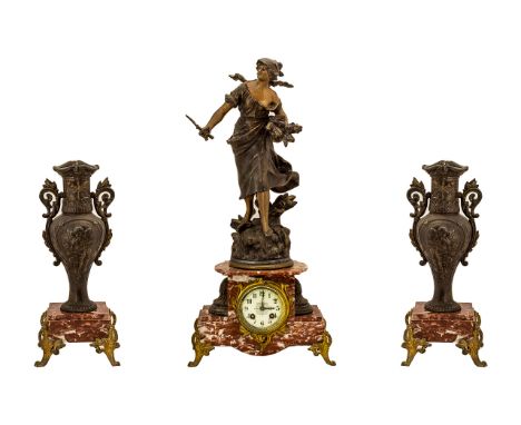 French Late 19th Century - Impressive Figural Spelter - Portico Garniture Clock Set, Raised on Marble Bases with 8 Day Striki