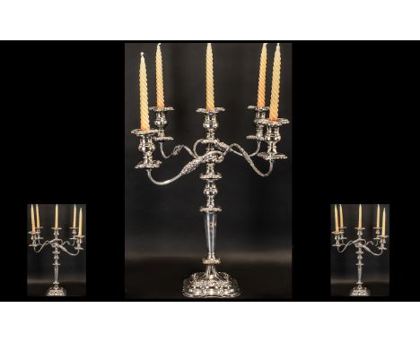 Large Silver Plated Four Branch 5 Light Candelabrum Moulded Scroll &amp; Foliate Decoration Square Shaped Tapering Base, Heig