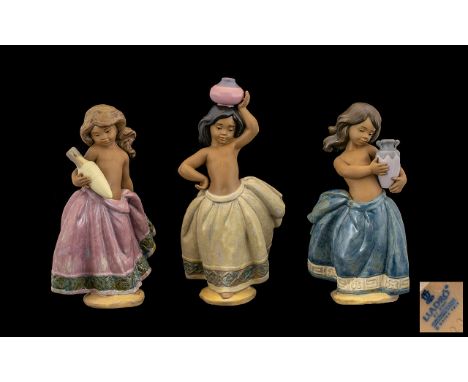 Lladro Gres Trio of Figures - all in first quality mint condition as follows: 1) Little Peasant Girl 'Blue' model no. 2332, i