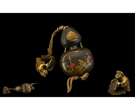 Antique 19thC Japanese Two Case Inro, Stylised Double Gourd Form With Gold Lacquered Foliate And Red Blossum Decoration, Heig