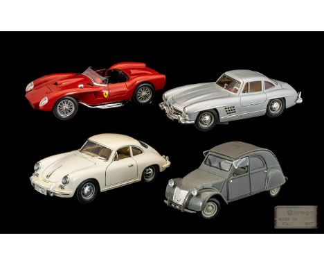 Burago Die Cast Model Cars 4 in total. 1. Mercedes 300 SL-1954 scale 1-18 2. Ferrari 250 Testa SSK 1957 scale 1/18 3. Porsche