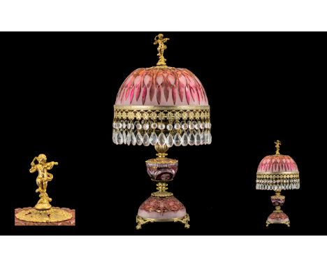 Red Glass Table Lamp, Moulded And Frosted Shade, Knop And Base, With Brass Mounts And Crystal Drops, Figural Finial. Height 1