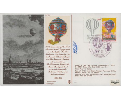 RAF WW2 Pilot Peter E Sadler signed 20th anniversary of the first manned aerial voyage made flown FDC. 2 Stamps and postmark 