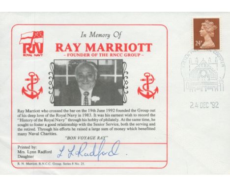 Mrs Lynn Radford Signed In Memory of Ray Marriott FDC. British Stamp with 24 Dec 92 Postmark. Good condition. All autographs 