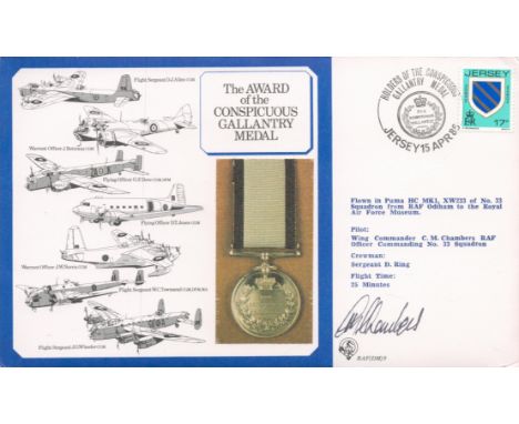 RAF WW2 Wing Commander C M Chambers signed The award of the conspicuous gallantry medal flown FDC. 17p Jersey stamp. Postmark