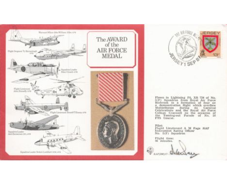 RAF WW2 Pilot Flight Lieutenant A M Page signed The Award Of The Air Force Medal flown FDC. 13p Jersey Stamp. Postmark The Ai