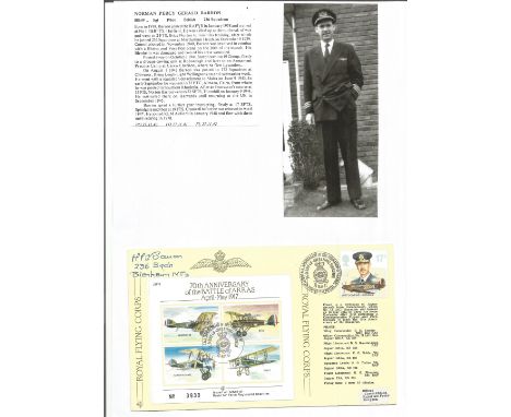 WW2 BOB fighter pilot Barron, Norman 236 sqn signed 70th ann Battle of Arras RAF flown cover with biography details fixed to 