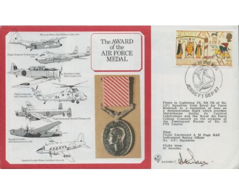 RAF WW2 Pilot Flight Lieutenant A M Page signed The Award Of The Air Force Medal flown FDC. 22P Jersey Stamp. Postmark The Ai