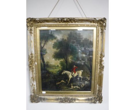 A 19th century gilt framed oil, hunting scene, under glass, indistinctly signed CONDITION REPORT: Painting measures 44cm by 3