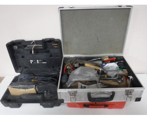 A cased performance belt sander, together with an aluminium case containing assorted hand tools and a cased drill and drill b