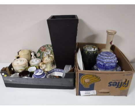 Two boxes containing blue and white dinnerware, Ringtons caddy, hand painted glass vase, Crown Ducal biscuit barrel, etc 