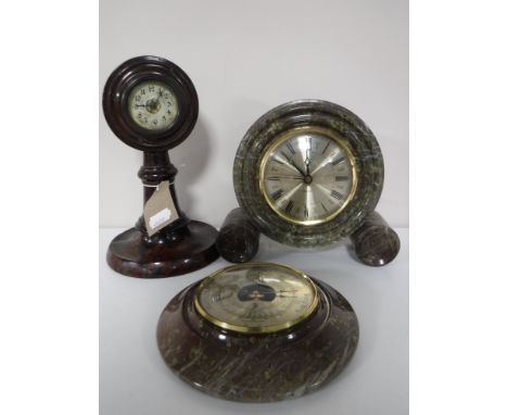 A marble quartz mantel clock, marble American ship's style clock and a marble wall thermometer 
