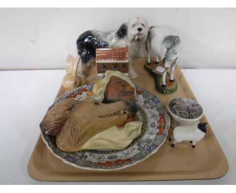 A tray containing Cooper Craft Old English sheep dog, an art pottery horse, Bossons wall plaque, china lidded pot, Beswick fi