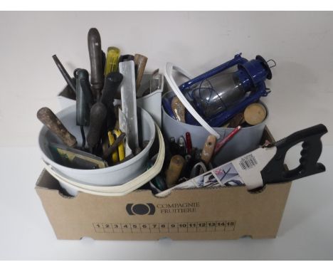 A large quantity of assorted hand tools, Black and Decker corded drill, lantern, enamelled jug, etc 