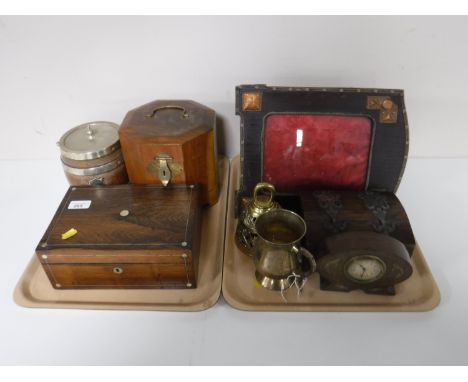 An antique rosewood jewellery box, a walnut caddy, an oak plated biscuit barrel, a marble mantel clock, photo frame, metal bo