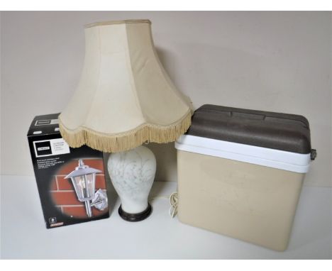 A cool box together with an outdoor lantern, vintage mincer and two table lamps with shades 