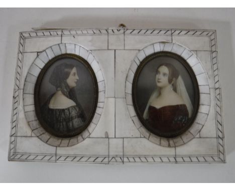Two hand painted portrait miniatures of women, framed as one 