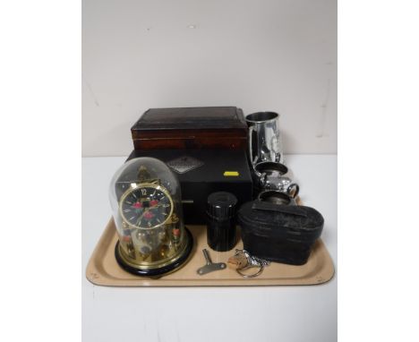 A tray of Victorian mahogany caddy, pair of boxed Edinburgh International engraved whiskey tumblers, plated ware, anniversary