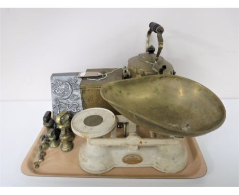 A tray of brass ware including spirit kettle on stand, embossed tea caddy, vintage scales and weights, pair of Arts & Crafts 