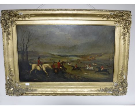 A 19th century gilt framed oil on canvas depicting a hunting scene, unsigned