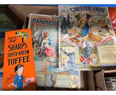 A mid 20th century Sharps Toffee enamel advertising sign and 2 Manchester Unity signs (a.f). 37 x 14.7cm