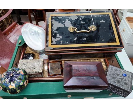 An Arts &amp; Crafts style pewter box with lapis lazuli coloured cabochon lock box; tea caddy and other boxes etc. 