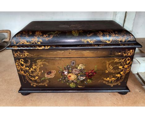 A mid Victorian painted black lacquer 2 division tea caddy with shell inlay and original cut glass bowl, 31cm.&nbsp;&nbsp;The