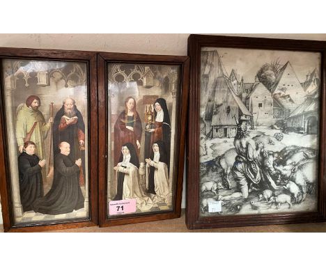 A religious colour print in triptych altarpiece frame, 24 x 49cm open; a framed print after Durer 