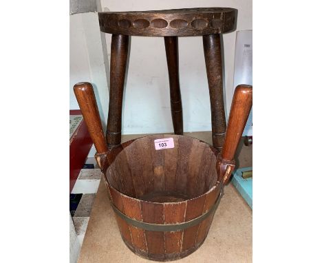 A two handled stained wood piggin, 27cm and a stool by Ben Setter with Celtic knot carving 
