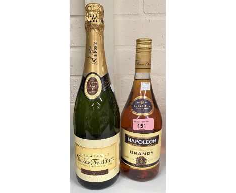 A 70 cl bottle of "Napoleon" brandy; a 750 ml bottle of "Nicolas Feuillatte" champagne; a 750 ml bottle of "Lindauer" sparkli