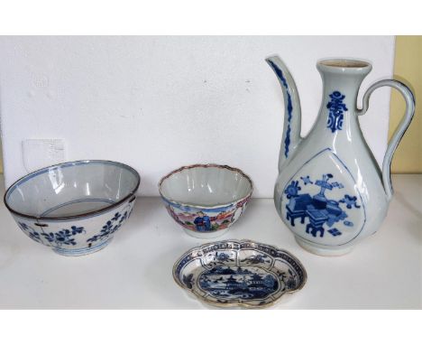 Two Chinese ceramic bowls one blue and white (stippled) one coloured, a jug with spout and another item (a.f.) Wine pot, no l