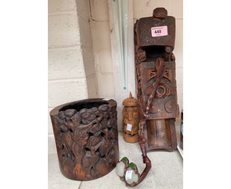 A Chinese carved wooden boat, a bamboo brush pot, a metal branch with jade coloured stoneBrush pot with some cracks